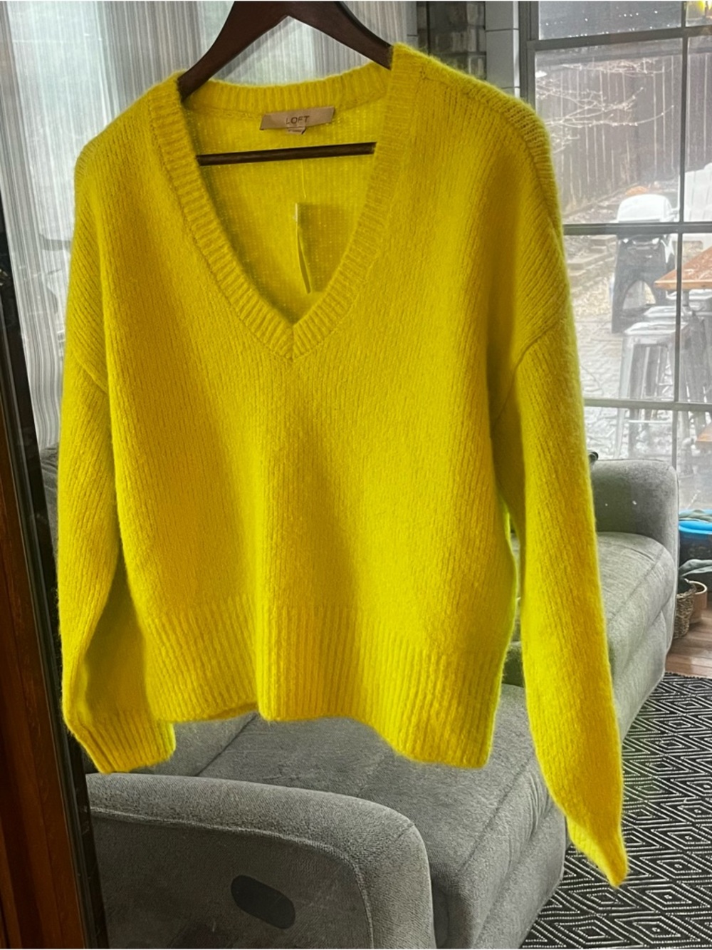 LOFT Bright Neon Yellow V-Neck Sweater